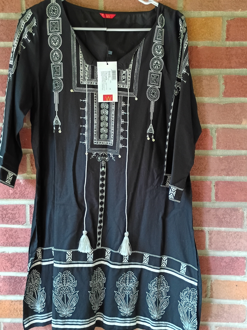 W by White Black Embroidered Tunic Dress with Tassels